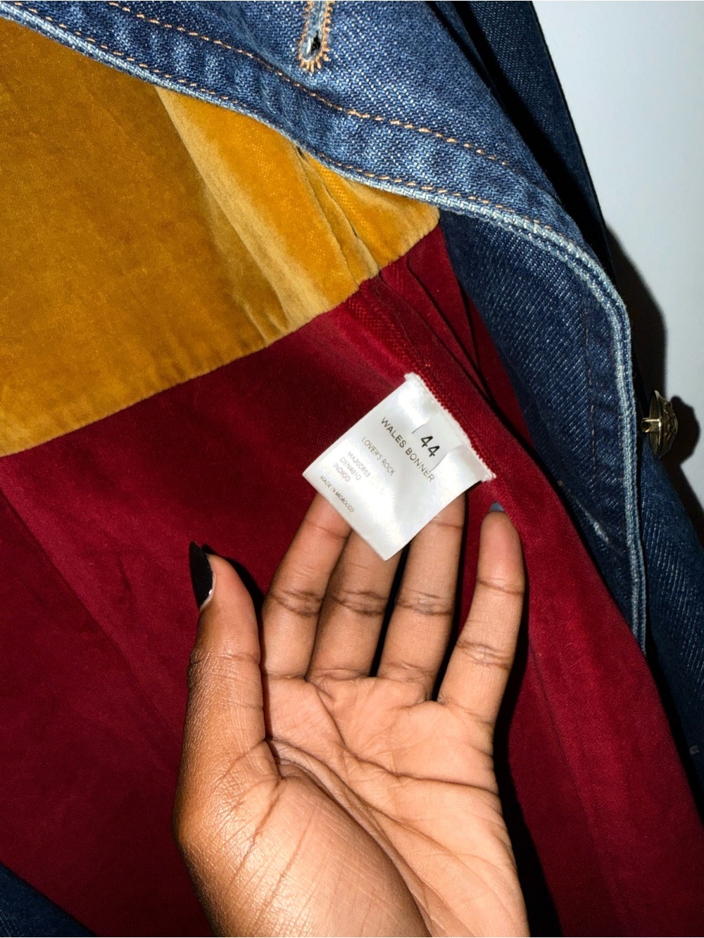 Wales Bonner Blue Denim Jacket with Colorful Velvet Trim